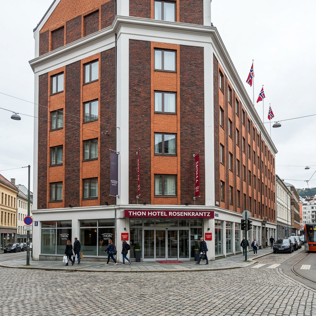 Thon Hotel Rosenkrantz building on a cobblestone street in Bergen