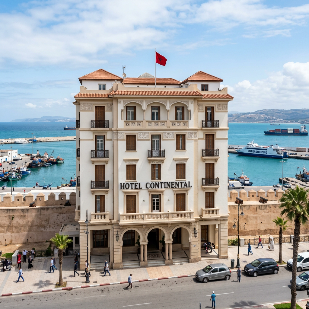 Hotel Continental overlooking Tangier harbor, with Moroccan flag and INTERSHIPPING ferry