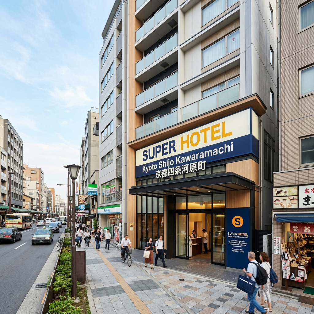 Super Hotel Kyoto Shijo Kawaramachi entrance on a busy Kyoto street