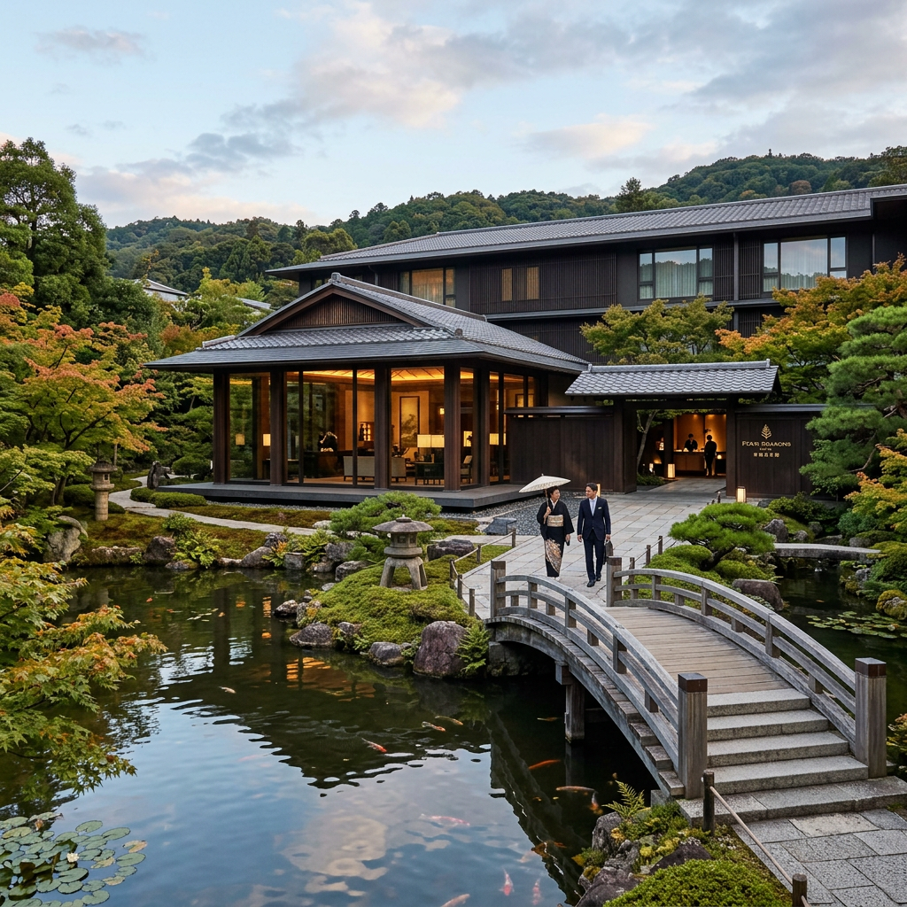 Japanese resort beside a koi pond with a wooden arched bridge