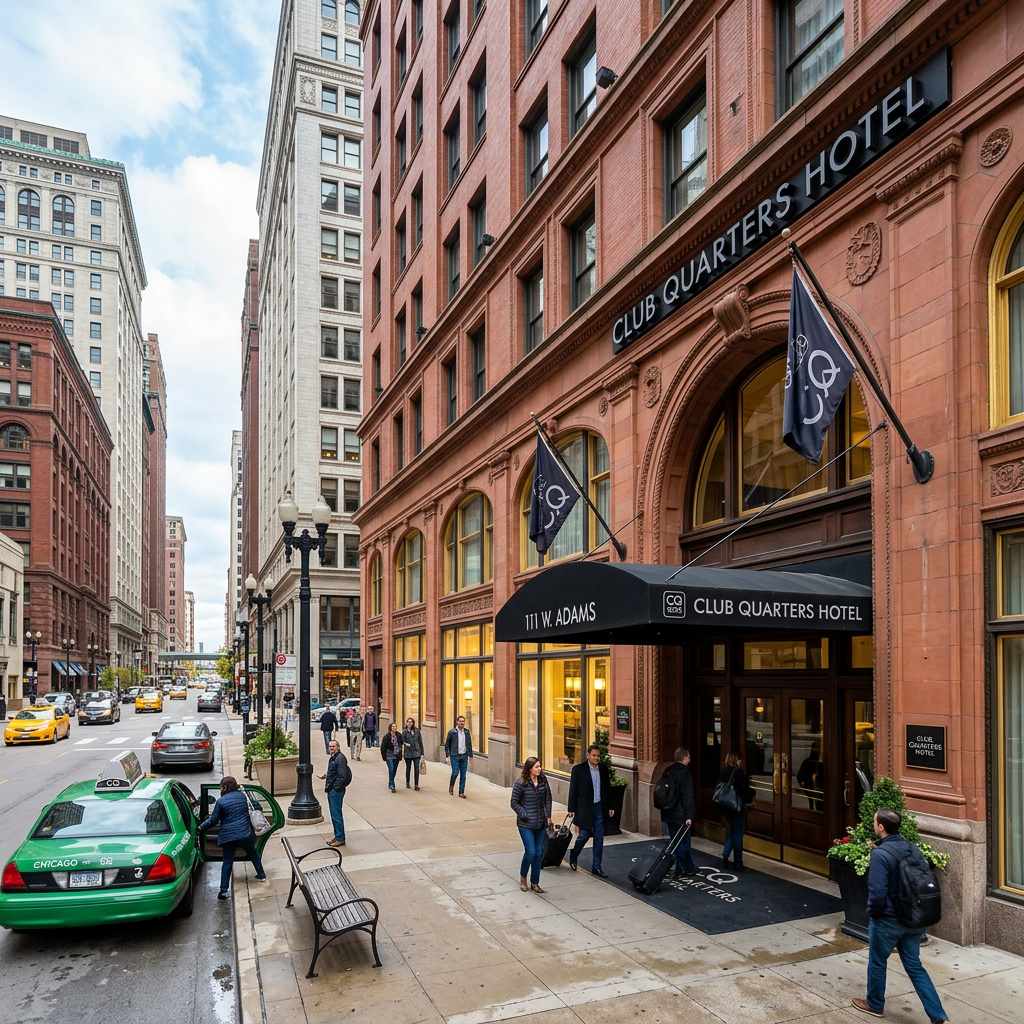 Club Quarters Hotel entrance at 111 W. Adams Street